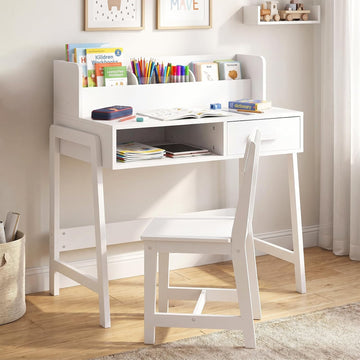 Kids Desk and Chair Set with Storage Bookshelf for Ages 3-8, White