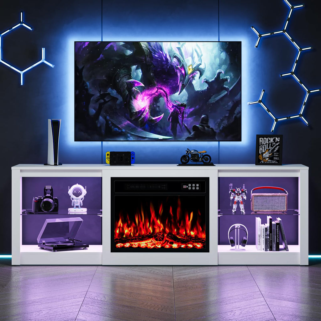 70 Inch Fireplace TV Stand for TVs up to 80 Inch with 23" Electric Fireplace, Modern Entertainment Center with Glass
