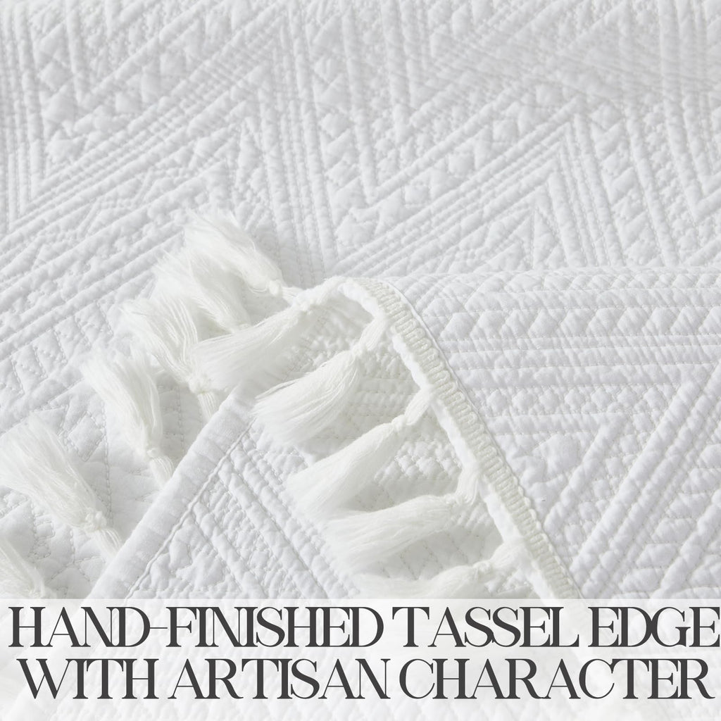 Luxury Bohemian Bedding Cotton Quilt Set King Size White Boho Matelasse Coverlet Set Hand-Finished Tassel Edges 3