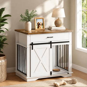 Heavy Duty Dog Crate Furniture 38 Wood Kennel with Barn Door, White