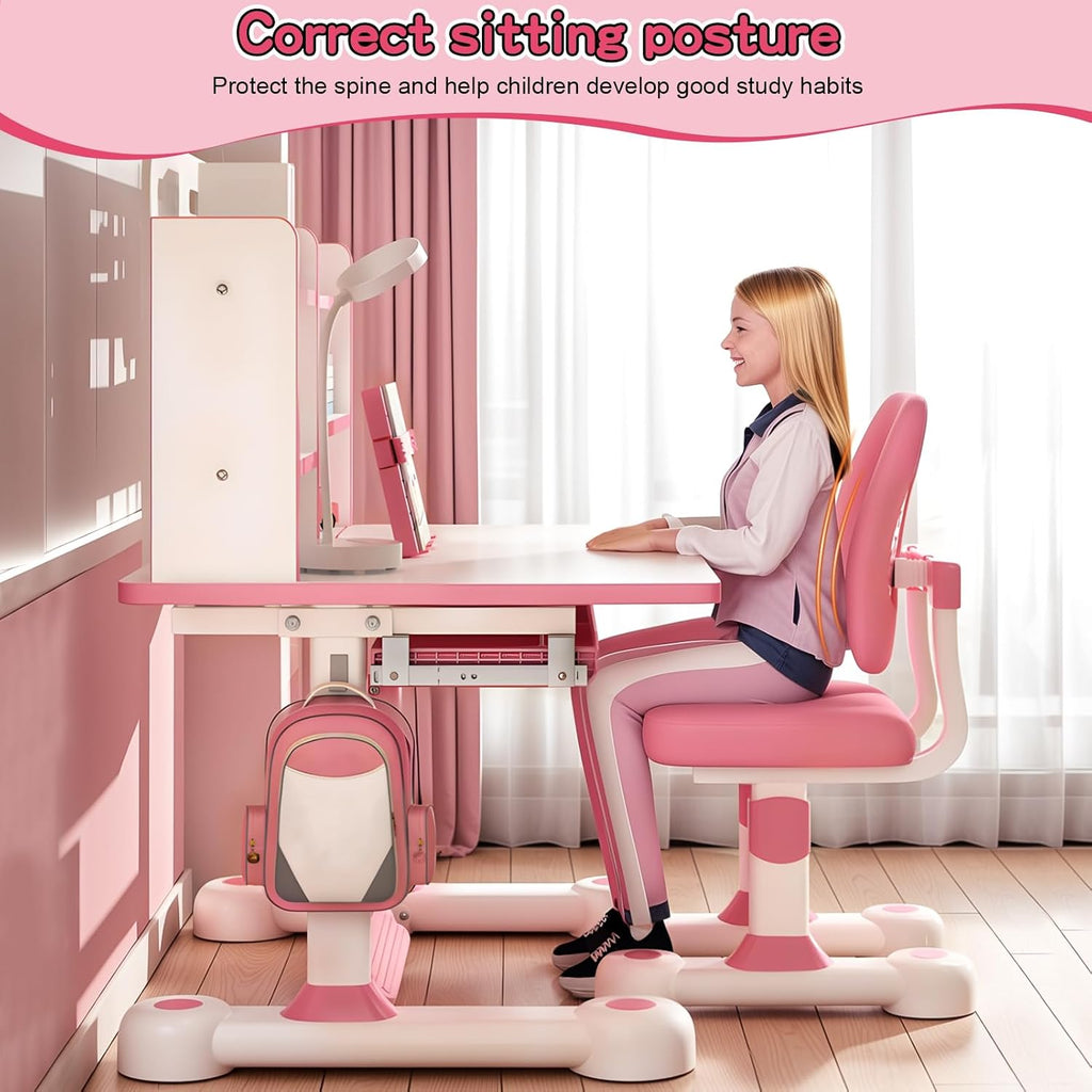 Kids Desk and Chair Set, Adjustable Height & Tilting Desktop Girls Desk