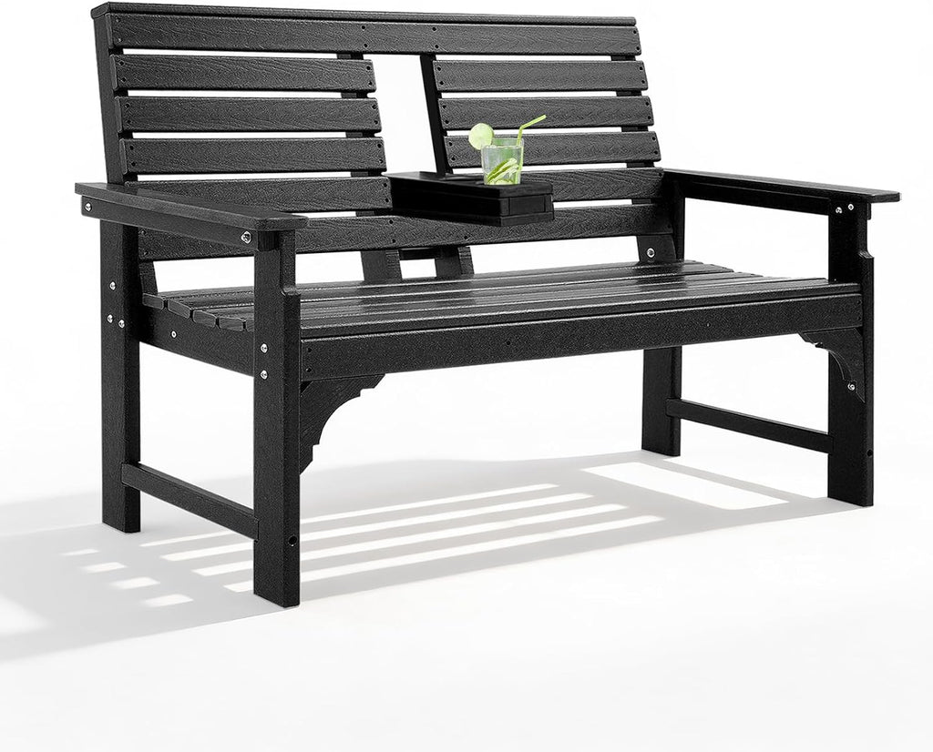 Outdoor Bench, HDPE 2-Person Garden Bench with Cup Holders | Weatherproof Patio Bench with Backrest & Armrests, 700