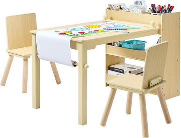 Kids Art Table and Chair Set, Toddler Activity Table with Storage, Wood Kids Craft Desk with Paper Roll for Drawing