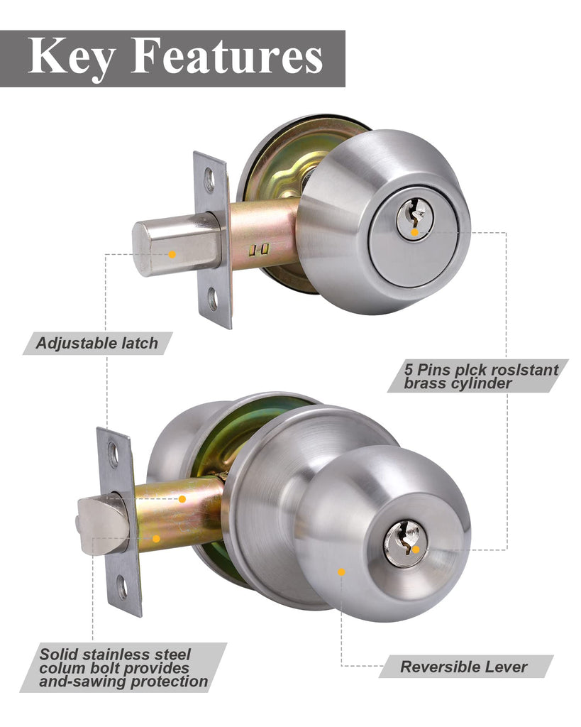 4 Sets) All Keyed Same Entry Door Knob and Single Cylinder Deadbolt Combo Set, Satin Nickel Exterior Door Knobs with