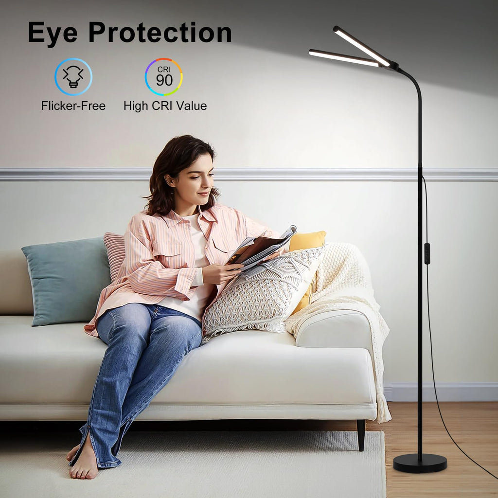 LED Floor Lamp, 18W/2000LM Bright Reading Floor Lamp with Double Head, Adjustable Gooseneck Dimmable Modern Standing