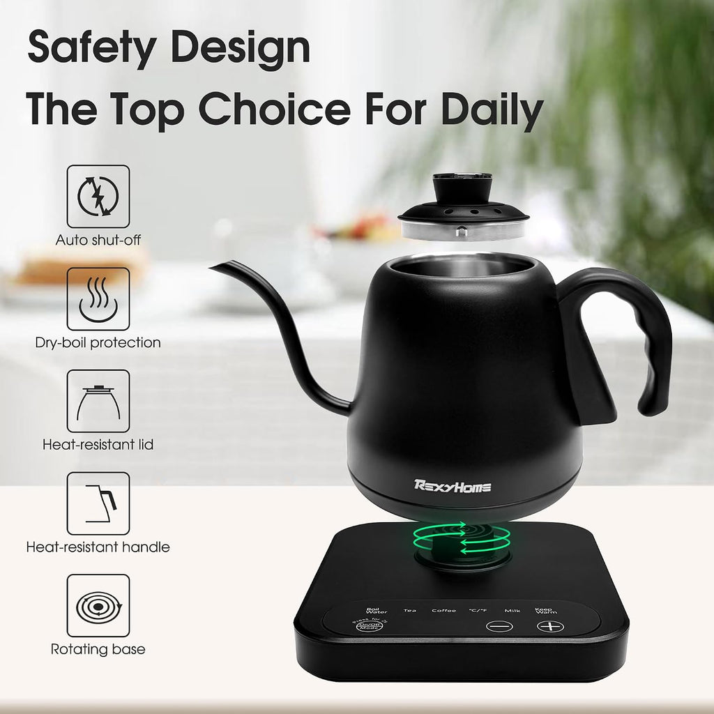 Gooseneck Electric Kettle Temperature Control: 316L Stainless Steel Inner | ±1°F Precision, Pour Over Kettle for