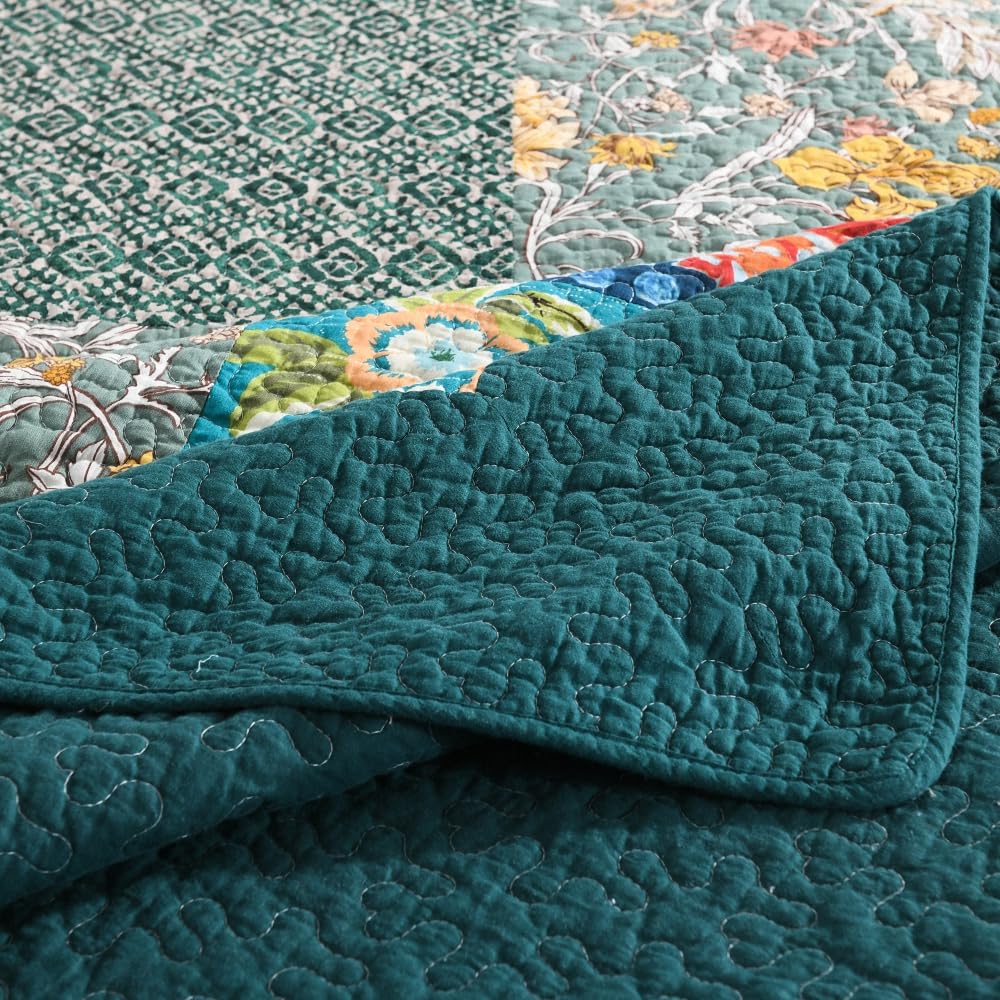 Cotton Bedspread Quilt Sets Reversible Bedding Coverlet Sets Comforter, Vintage Floral Patchwork Turquoise Bedspread