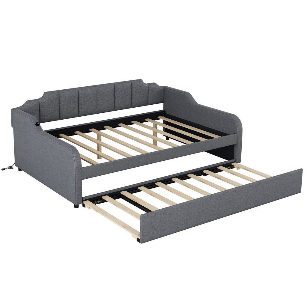 Full Upholstered Daybed with Pop up Trundle, Extendable Sofa Bed Full Daybed with USB Charging and Adjustable Trundle