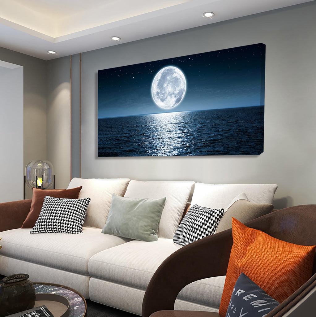 Wall Art Canvas Print Moon Sea Ocean Landscape 1 Panels Full moon Picture Painting Framed and Stretched Ready to Hang