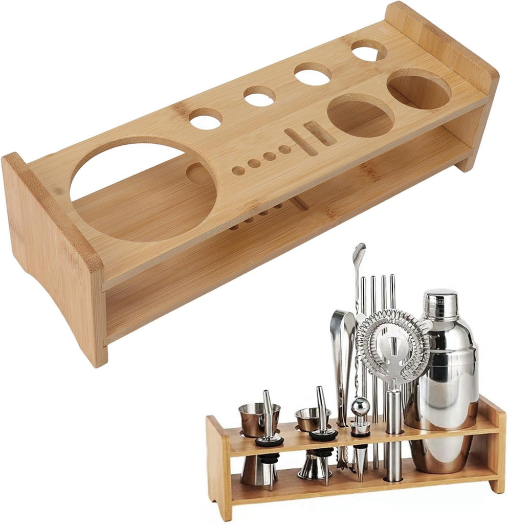 Bartender Kit Stand, Bartending Tool Storage Holder, Large Capacity Space Saving Wood Bar Tool Organizer with Tiered