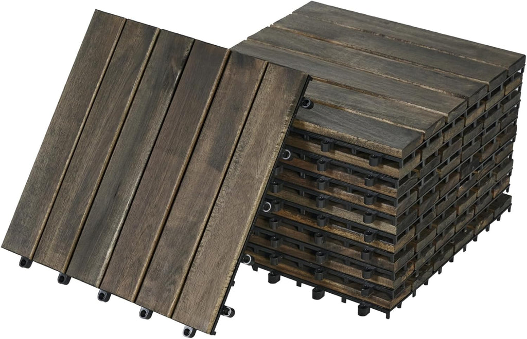 10 Pcs Outdoor Interlocking Deck Tiles, 12"x12" Acacia Wood Tiles for Patio, Porch, Balcony & Poolside, Striped