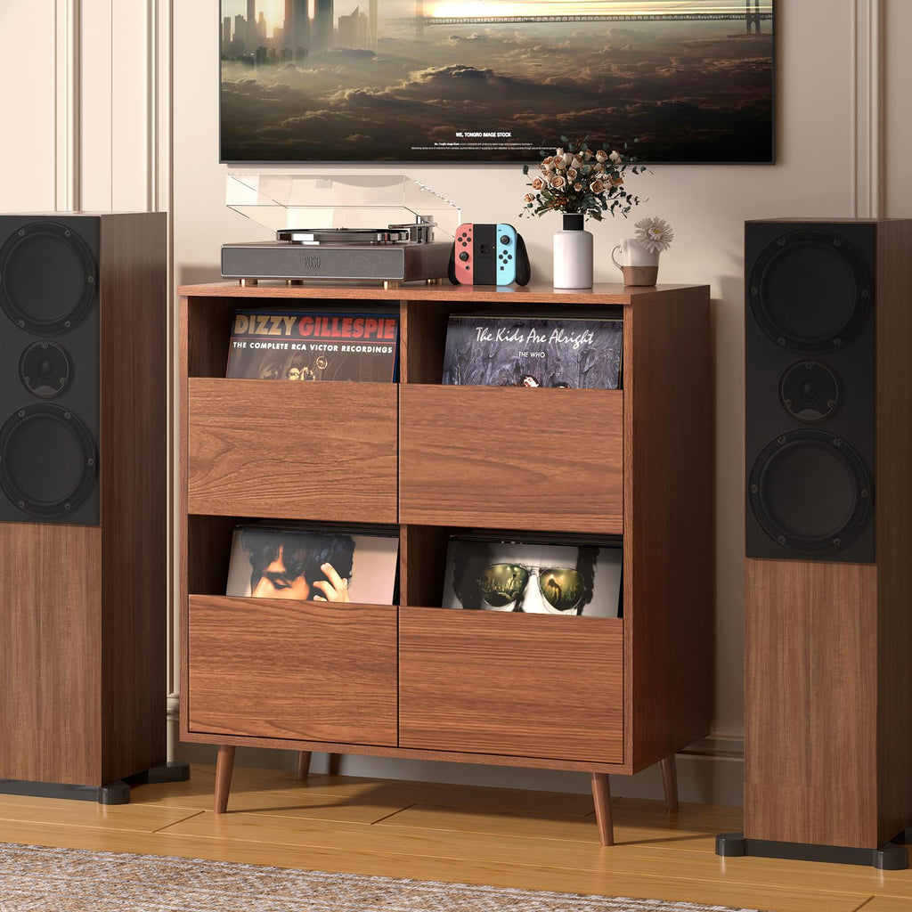 Record Player Stand with Vinyl Storage, Mid-Century, Brown