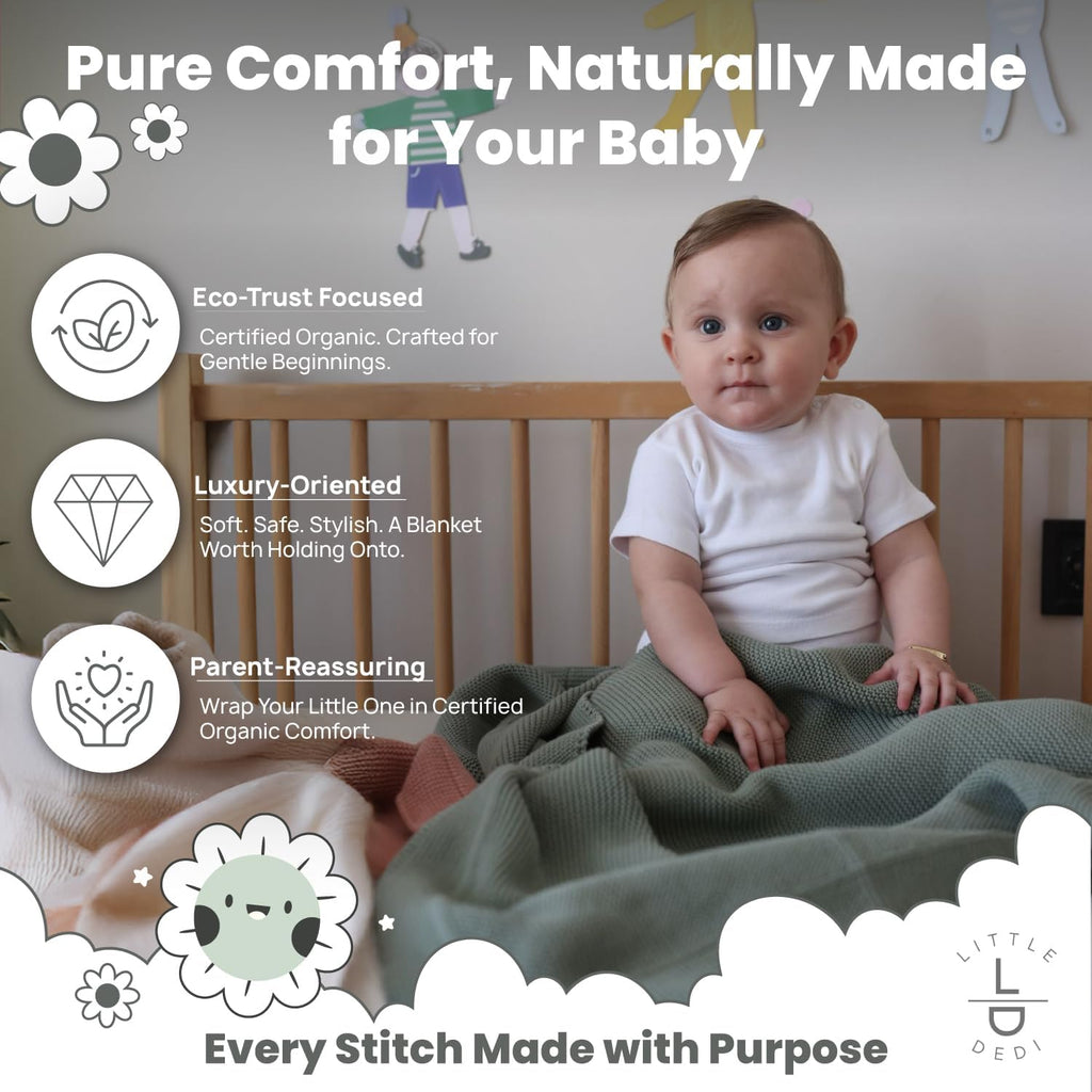 100% Organic Cotton GOTS Certified Baby Knitted Blanket with Gift Box - Soft Toddler, Crib, Stroller Blanket