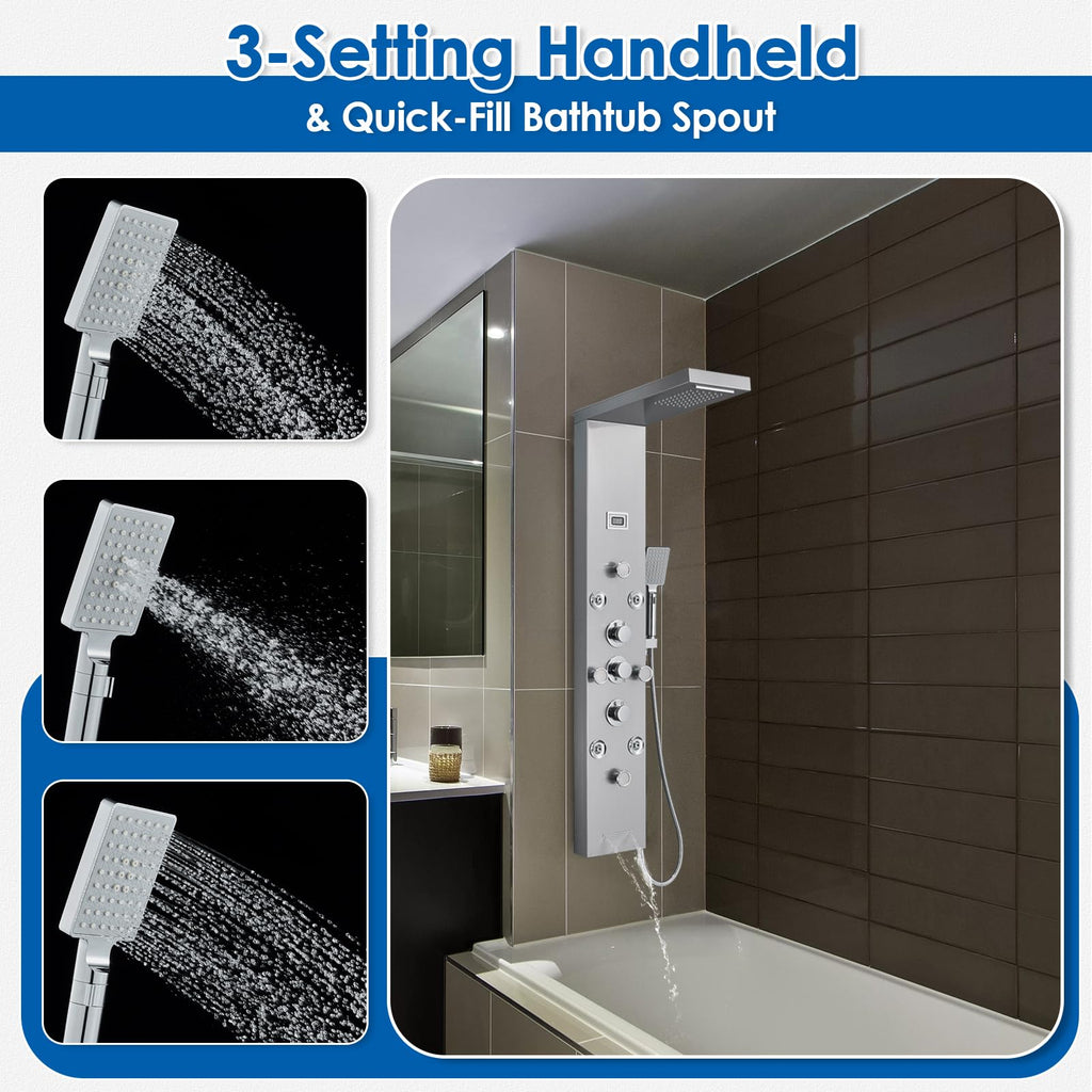 Shower Panel Tower System with 6 Shower Functions, Simultaneous Use