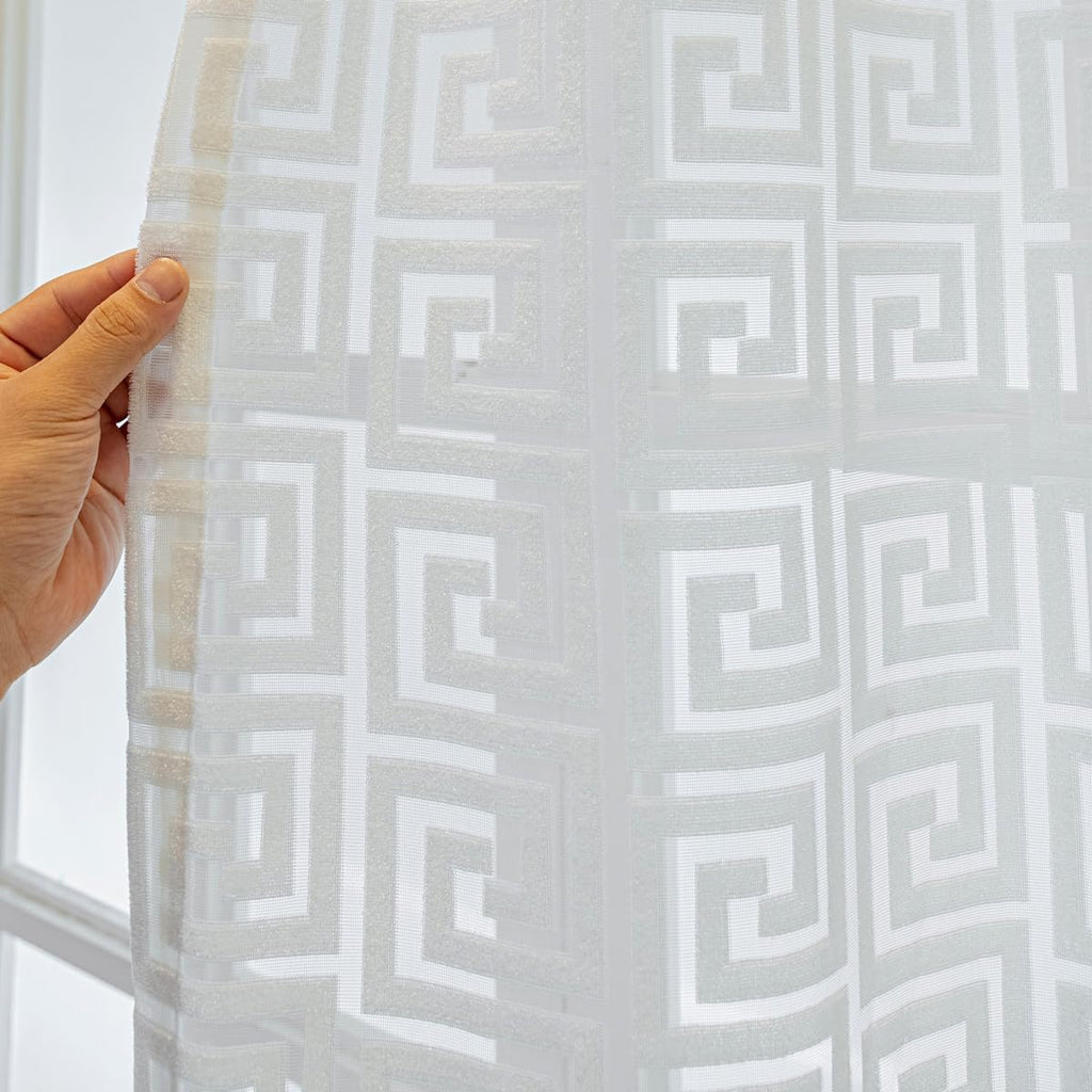 1 Pair Luxury Geometric Sheer Curtains for Living Room Jacquard Tulle Curtains for Bedroom (White,54x96 Inch)