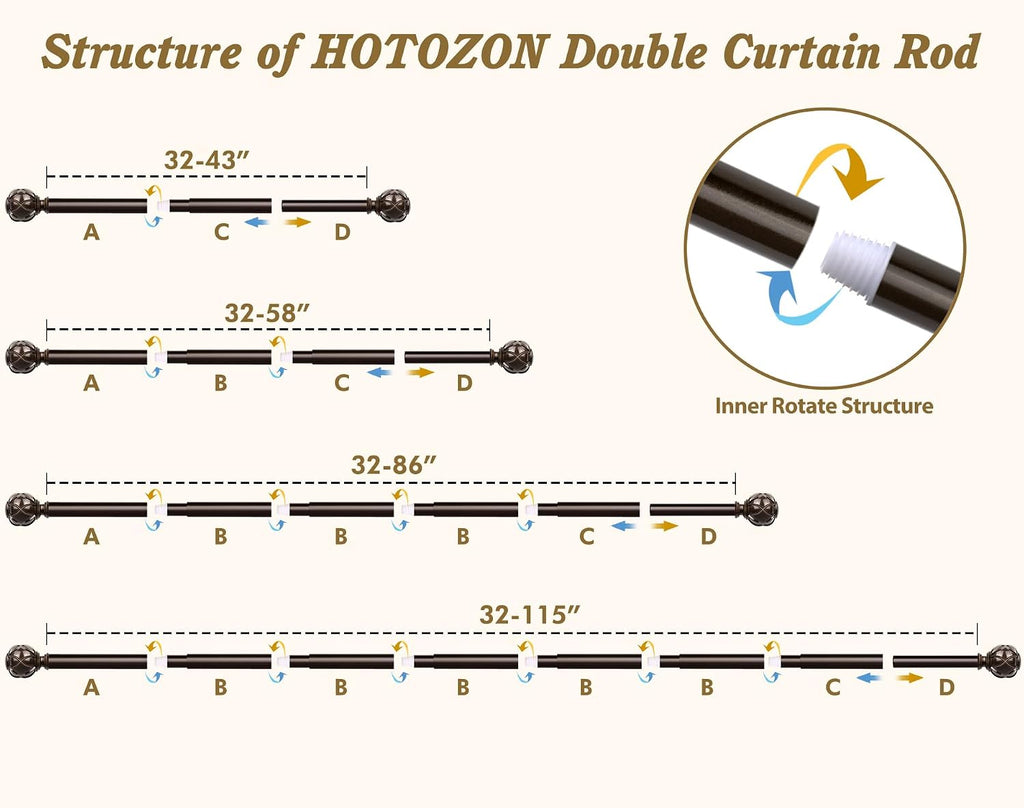 Curtain Rods for Windows 2 Pack 32-58 Inches, Bronze | 6/8" Diameter, 22lbs Weight Capacity, Decorative Adjustable