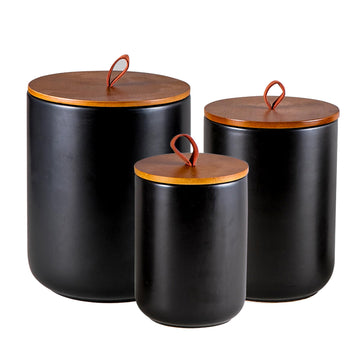 Black Ceramic Canister & Jar Set, Airtight Bamboo Lids 3-Piece