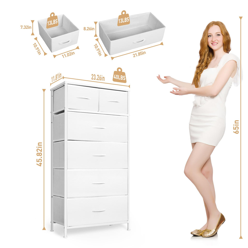 Tall Dresser, Vertical Storage Organizer Tower with 6 Drawers, Chest of Drawers with Fabric Bins, Steel Frame, Wood