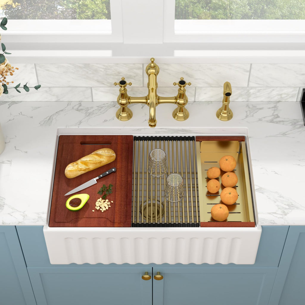 White Farmhouse Sink - 30 Inch Farm Kitchen Sink Undermount Workstation Apron Front Reversible Ceramic Fireclay