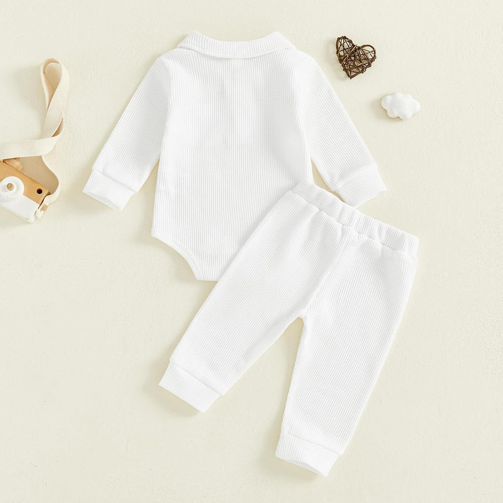 Baby Boy Clothes Solid Waffle Knit Long Sleeve Button Up Collared Romper Long Pants Set Fall Winter Outfits