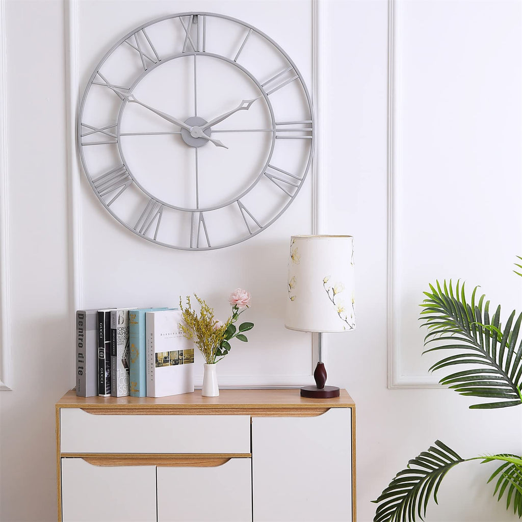 Large 30 Inch Wall Clock Decor, Silver Roman Numeral