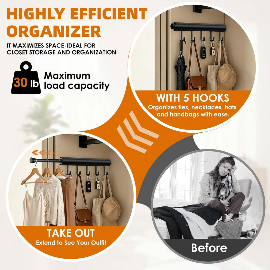 Valet Rod Closet Pull Out 12 Inch Retractable Organizer for Closet Black