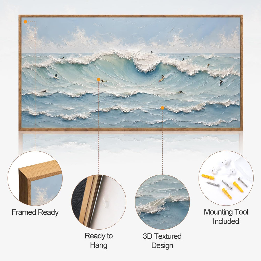 3D Textured Blue Coastal Surfing Framed Canvas Wall Art 40x20 Inch