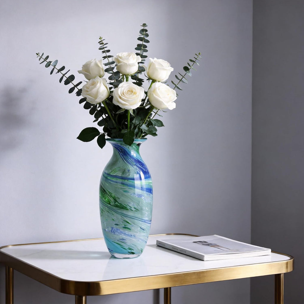 Hand Blown Glass vase, Blue Green Wide Mouth vase, Contemporary Glass Art Suitable for Display on Living Room Dining