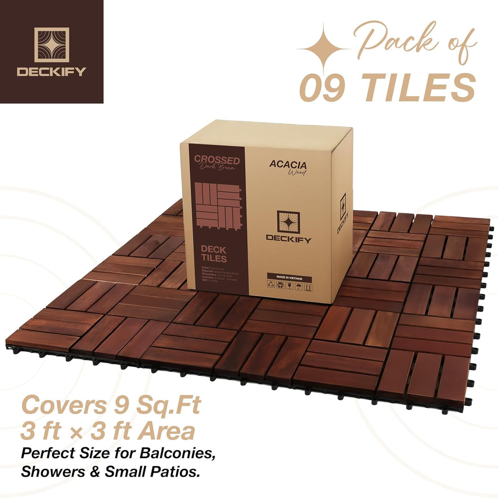 9Pcs Acacia Wood Interlocking Patio Deck Tiles, 12 x 12 x 0.9 Inch Outdoor Flooring, Waterproof for All-Weather Use