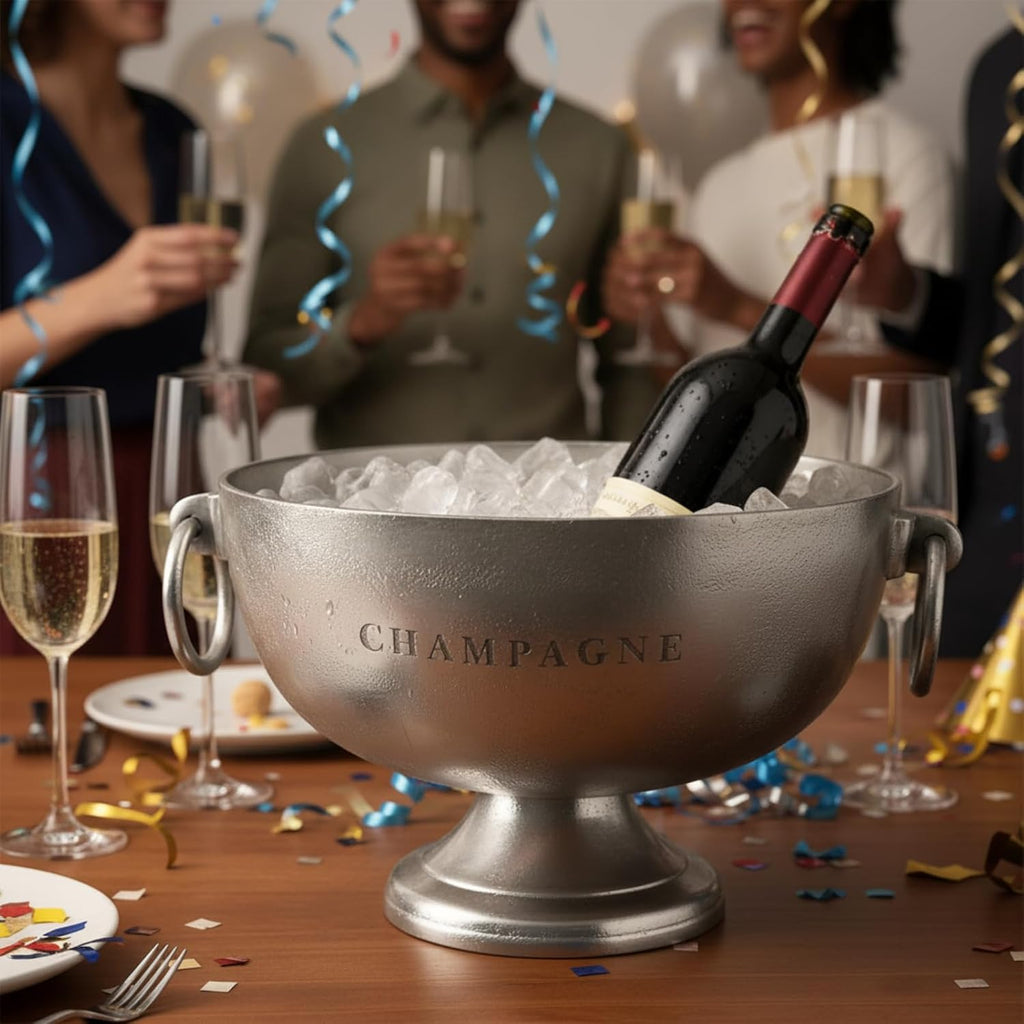 Elegant Large Champagne Ice Bucket on Stand | Nickel Plated Aluminum Wine Cooler with Side Handles, Vintage Style