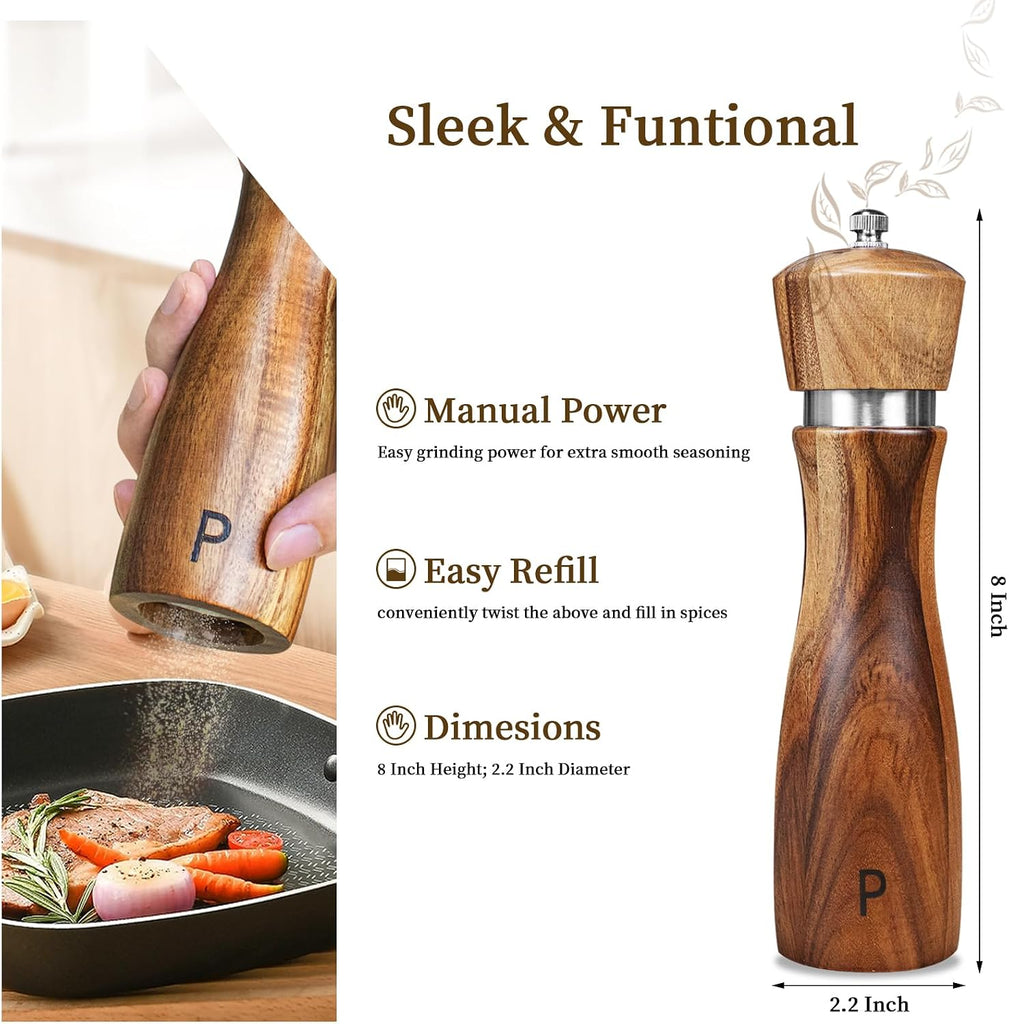 Acacia Wood Salt and Pepper Grinder Set Kitchen Home 8 Inch - Set of 2