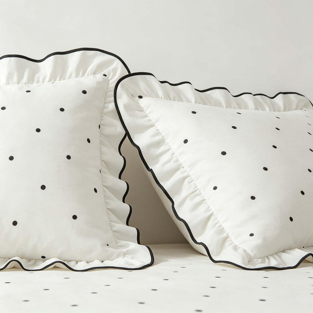 Polka Dot Duvet Cover Elegant White Ruffle Bedding Set