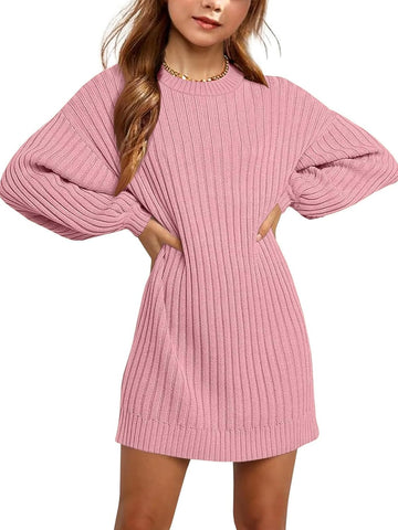 Ribbed Knit Sweater Dress Batwing Long Sleeve Teen Pullover Casual Loose Fit Fall Winter Mini Dresses