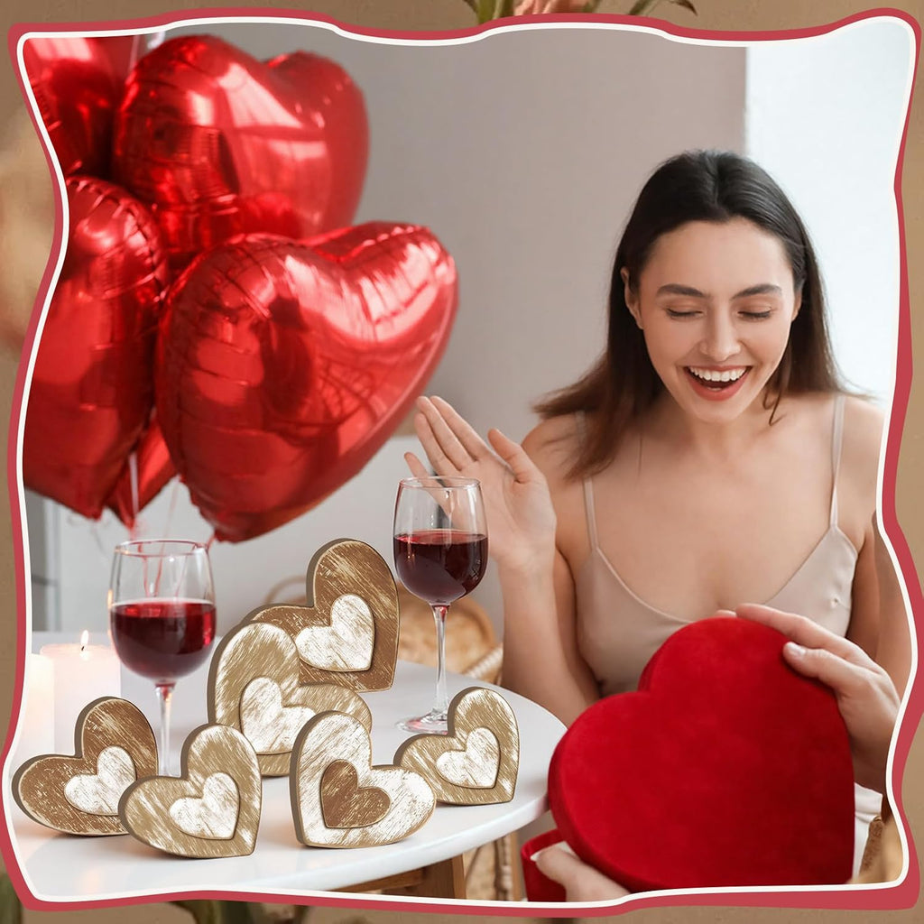 Valentines Day Decoration Wooden Heart Tiered Tray Decor Retro Valentines Day Hearts Blocks Sign Rustic - Set of 7