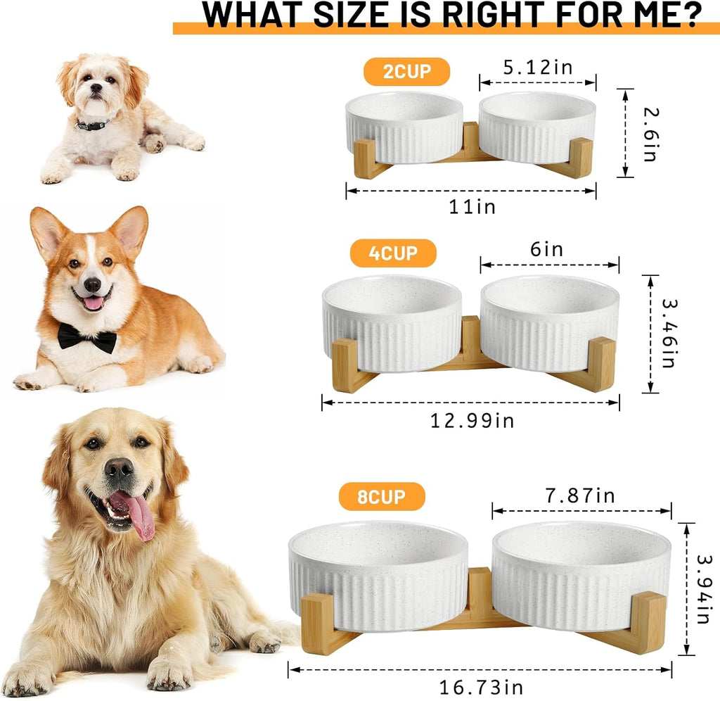 Non-Slip Ceramic Dog Bowls with Wood Stand, 6" Dog Food and Water Bowl Set with Silicone Base, 32 OZ/4 Cups Weighted