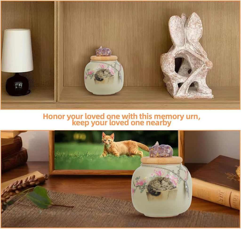 Cat Urn for Ashes Ceramic, Small Pet Urn with Crystal Cat Sculpture Trim