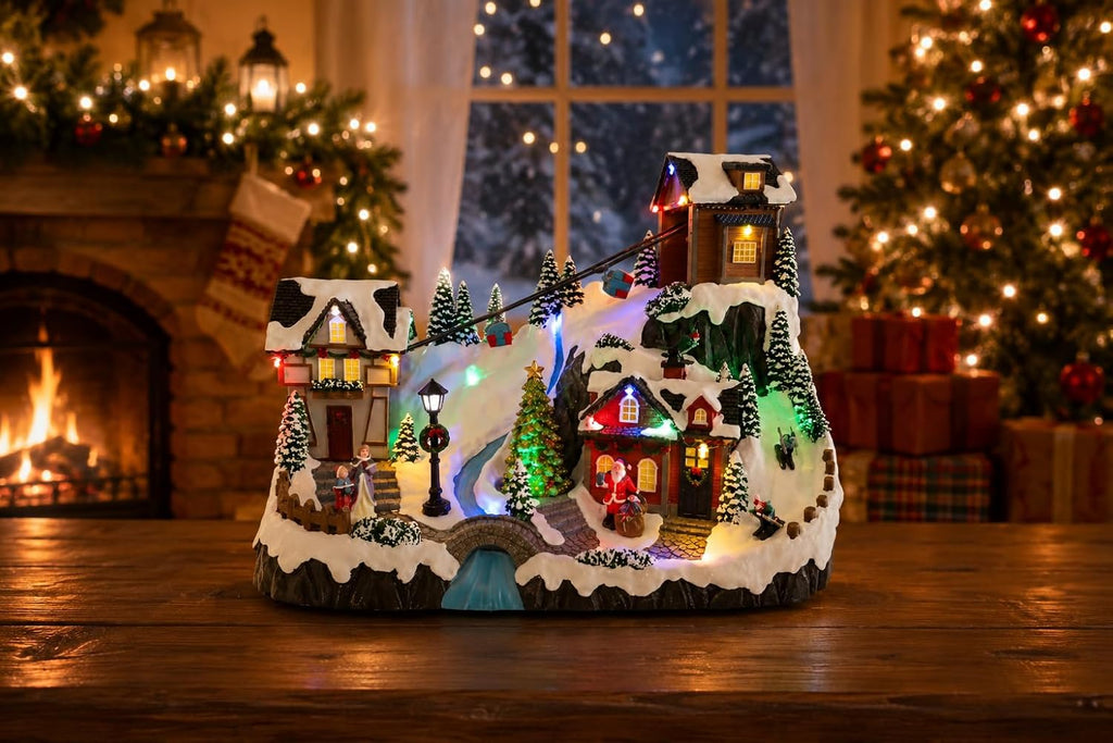 Animated Christmas Village Animated Ski Lift Resort, LED Lights, Spinning Tree