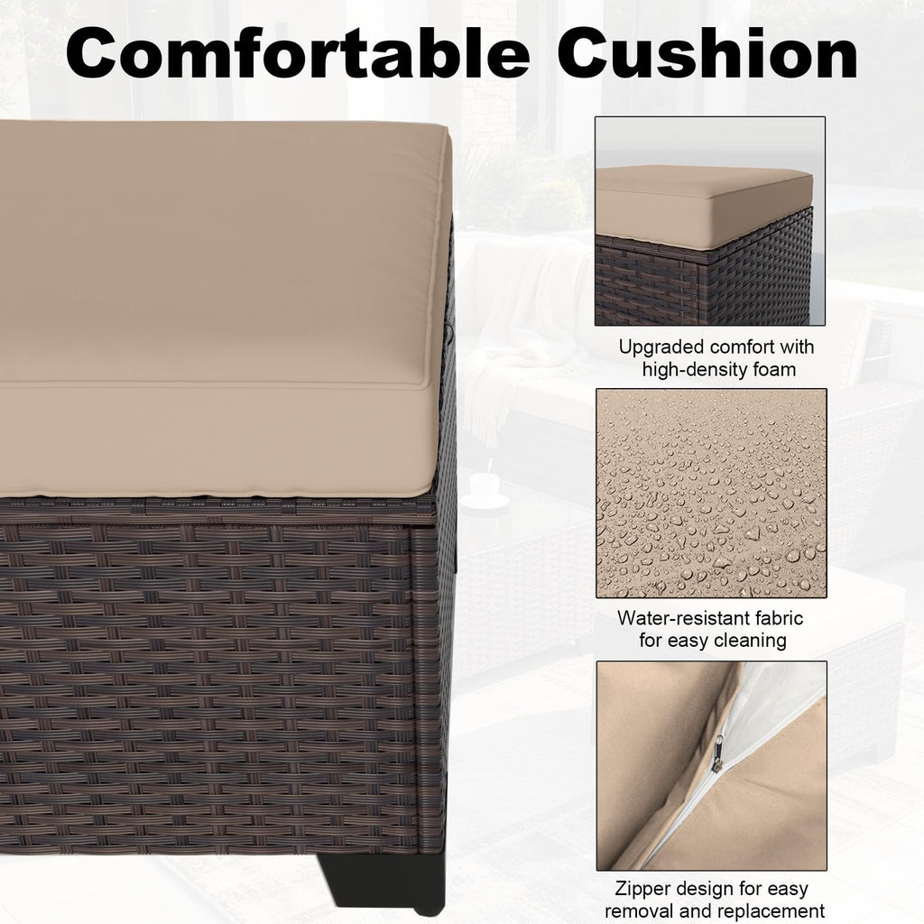2 Pieces Wicker Ottomans, All Weather Rattan Patio Ottoman with Removable Cushion, Outdoor Footstools, Additional