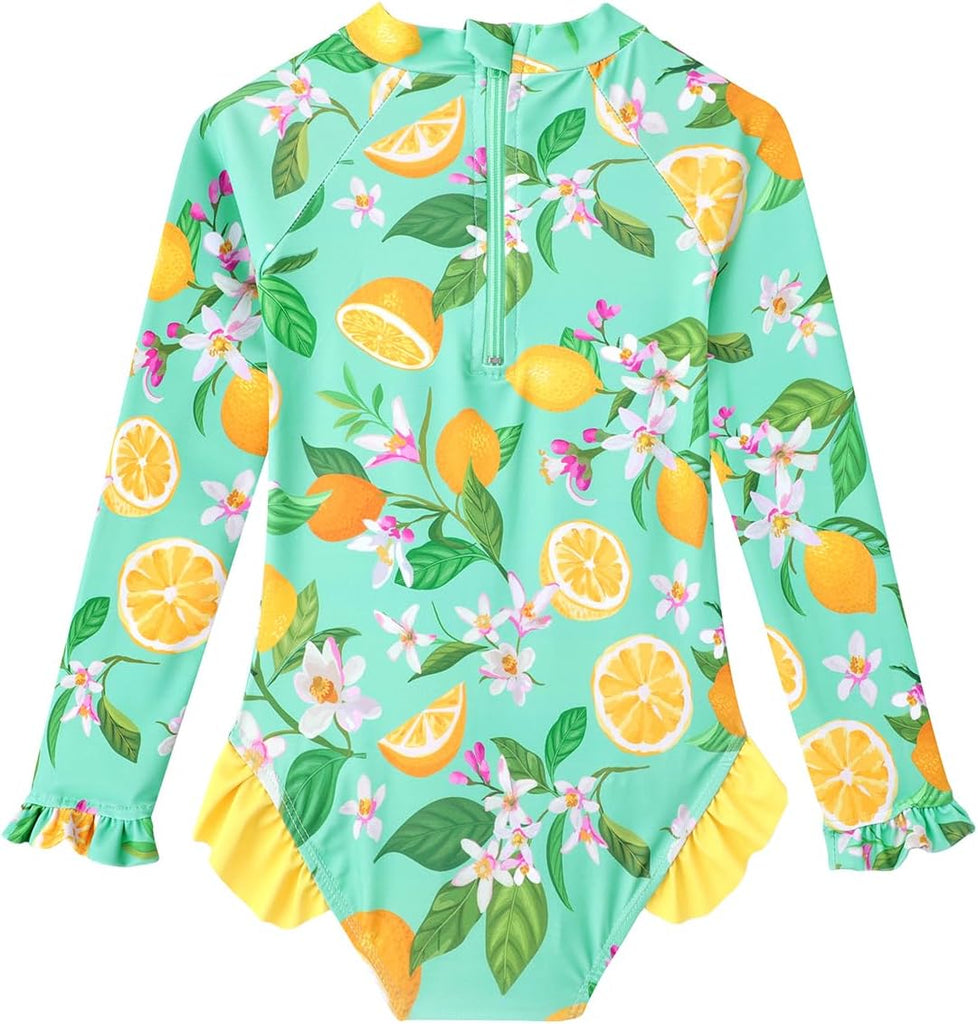 Baby Toddler Girl Long Sleeve Ruffle Swimsuit One Piece Zipper Rash Guard Bathing Suit with UPF 50+ Sun Protection