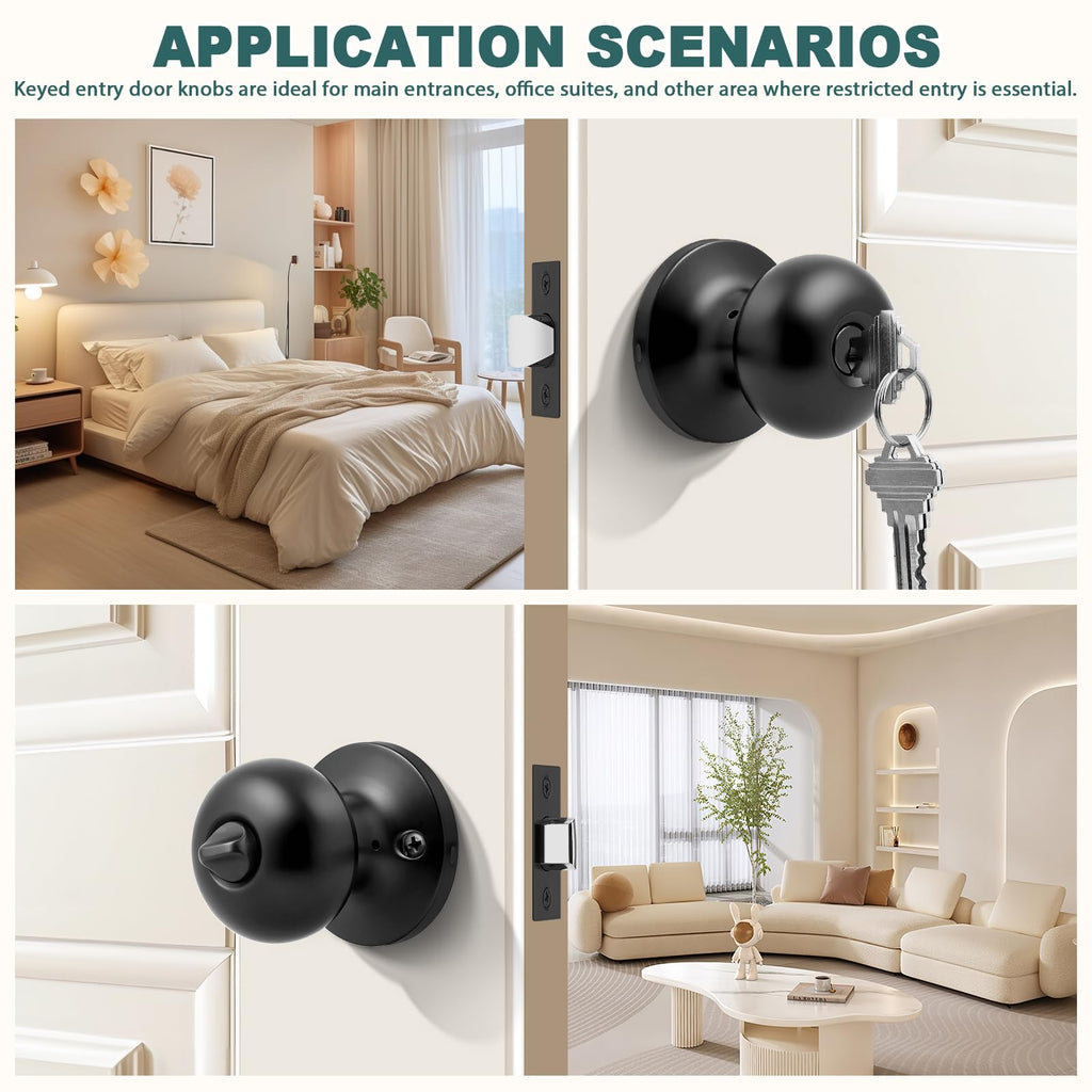 Entry Door Knobs with Lock and Same Keys, Matte Black Keyed Aliked Entry Door Lock Sets for Exterior & Interior