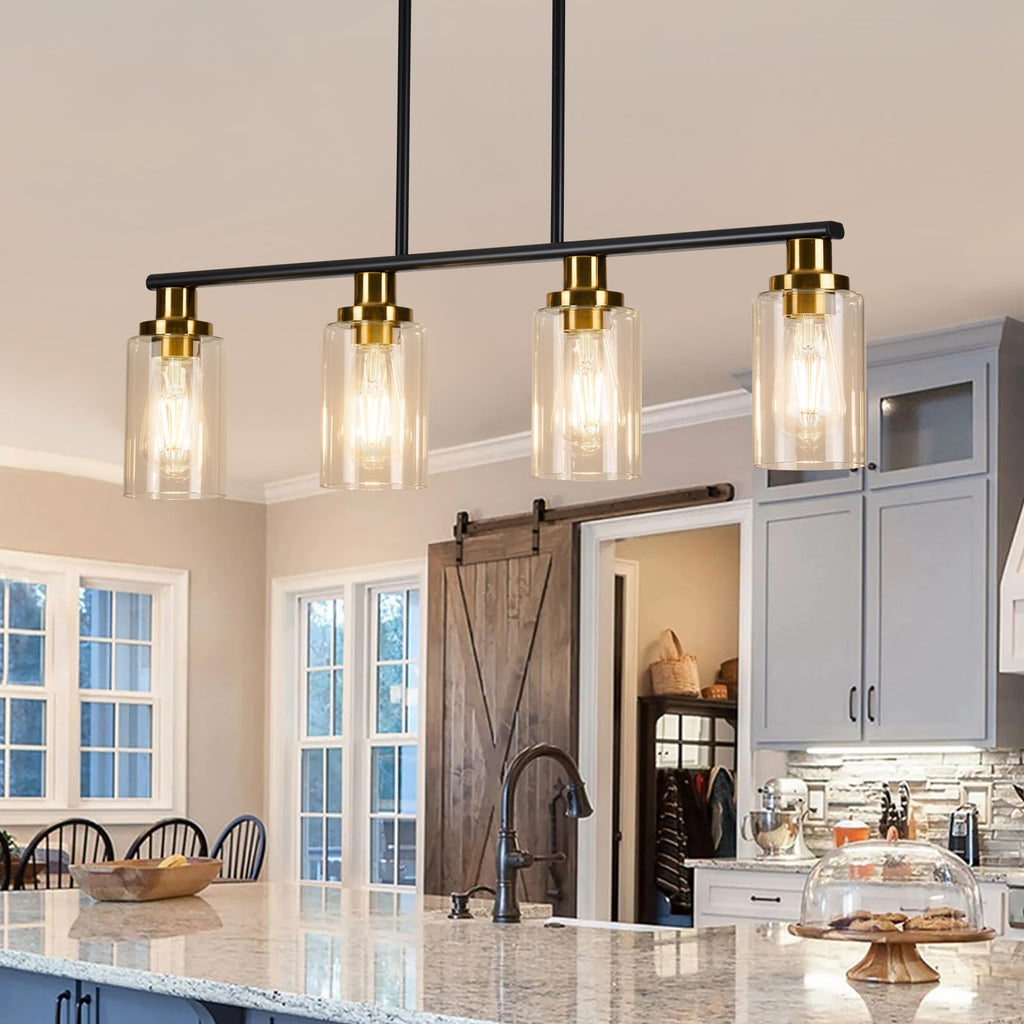 Island Lights, 4-Light Farmhouse Dining Room Light Fixtures Over Table, Matte Black and Gold Linear Chandeliers