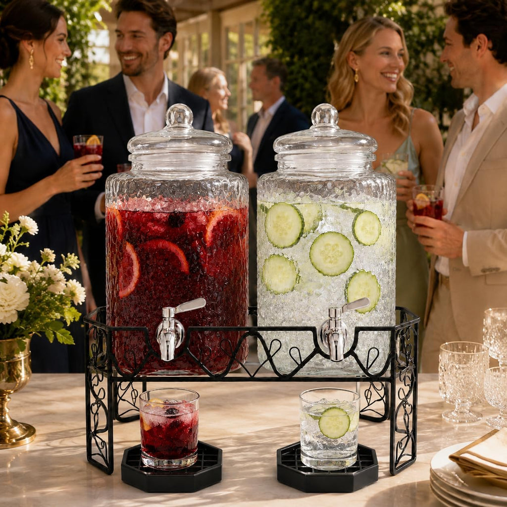 Dual 2.5 Gallon Set with Stainless Steel Spigots, Metal Stand & 2 Drip Trays - Hammered Mason Jar Style Drink