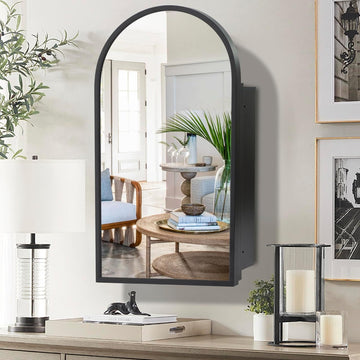 Arched Black Medicine Cabinet with Mirror 16 x30 Inch | Metal Framed Bathroom Mirror Medicine Cabinet Wall