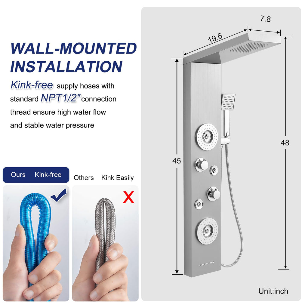 5 in 1 Rainfall Shower Panel Tower with Tub Spout, Brushed Finish