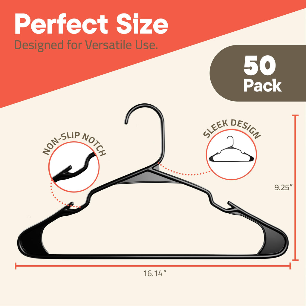Black Plastic Hangers 50 Pack- Heavy-Duty Plastic Hangers Slim and Space-Saving, Durable and Lightweight PP with