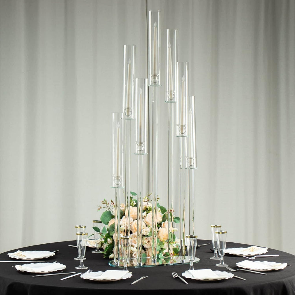 47" Clear Crystal 7-Arm Cluster Wedding Aisle Candlestick Stand with Hurricane Shades, Taper Candle Candelabra Table