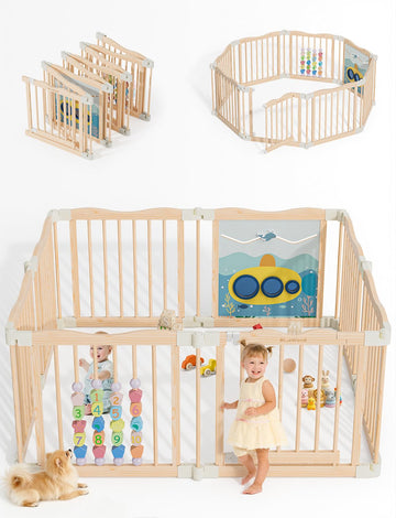 Foldable Wooden Playpen, 55 x 55 x 24 inches, Ocean Adventure, Natural | Adjustable Wood Baby Play Yard with