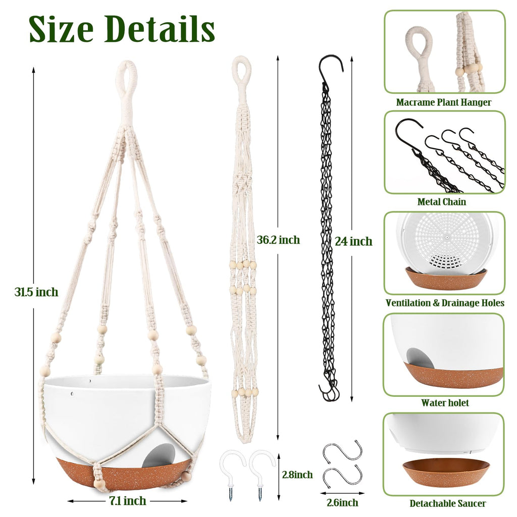 10 Inch Self Watering Hanging Planters with Metal Chain & Macrame Hangers