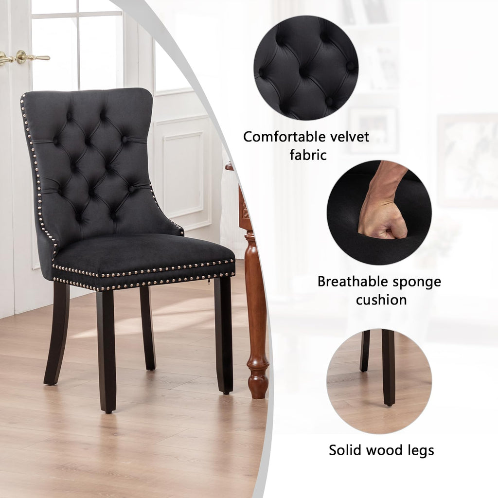 Velvet Dining Chairs Set of 2, Upholstered Dining Chairs with Ring Pull Trim and Button Back, Modern Seating (Black)