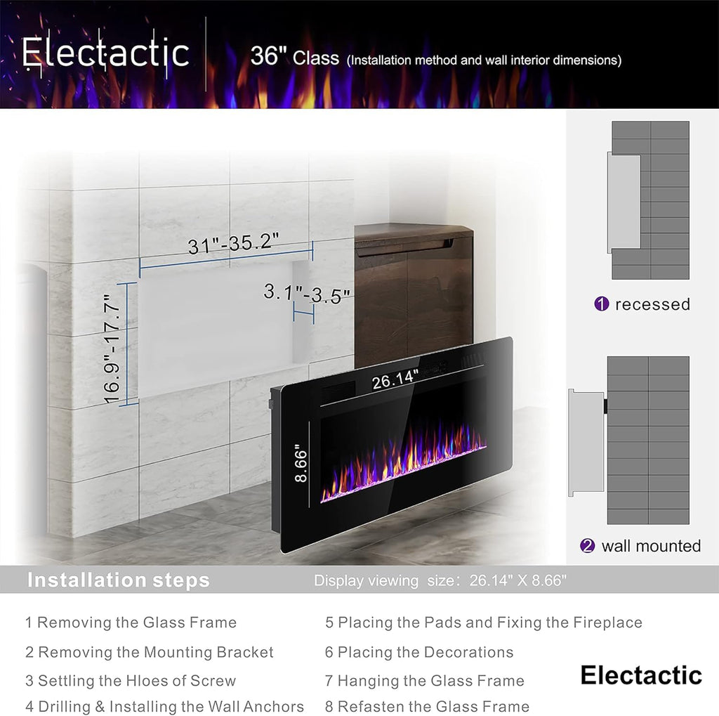 36 Inch Electric Fireplace Insert Ultra-Thin - Recessed & Wall-Mounted Fireplace Heater with Thermostat, Adjustable